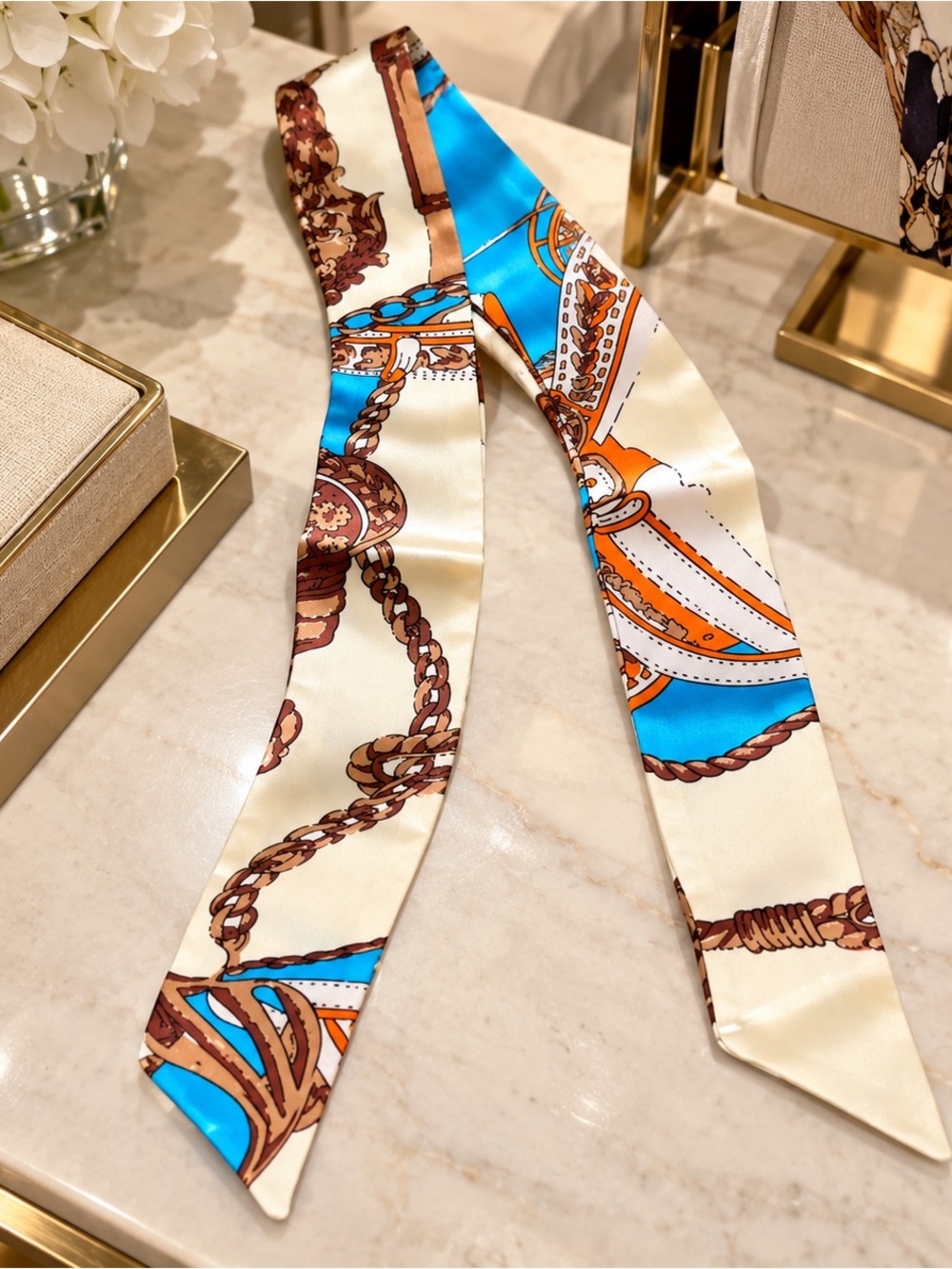 Twilly Scarf in Cream, Blue & Brown